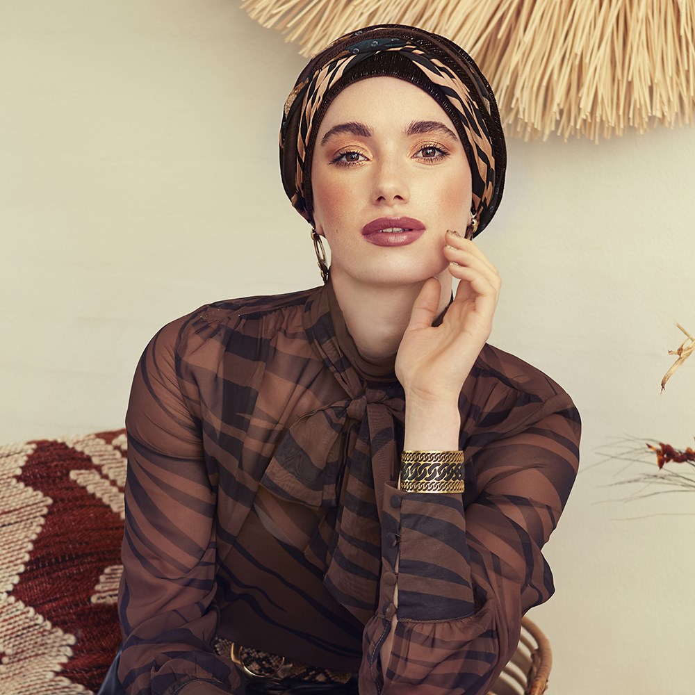 Turban Boho Scarlett set, vzor Shiny Brown&Animal Mix